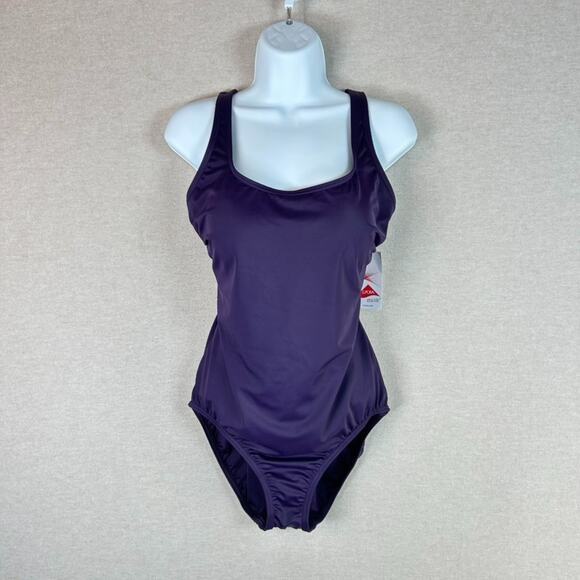 NEW Lands End Womens One PIece Swimsuit Size Large 12 Deep Purple Lycra Cross - Picture 2 of 10